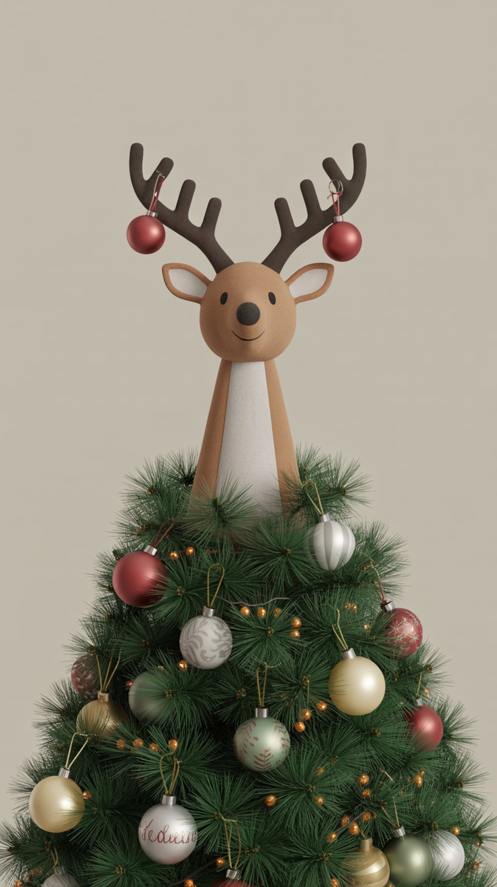 A cute reindeer tree topper with antlers and ornaments on a Christmas tree.