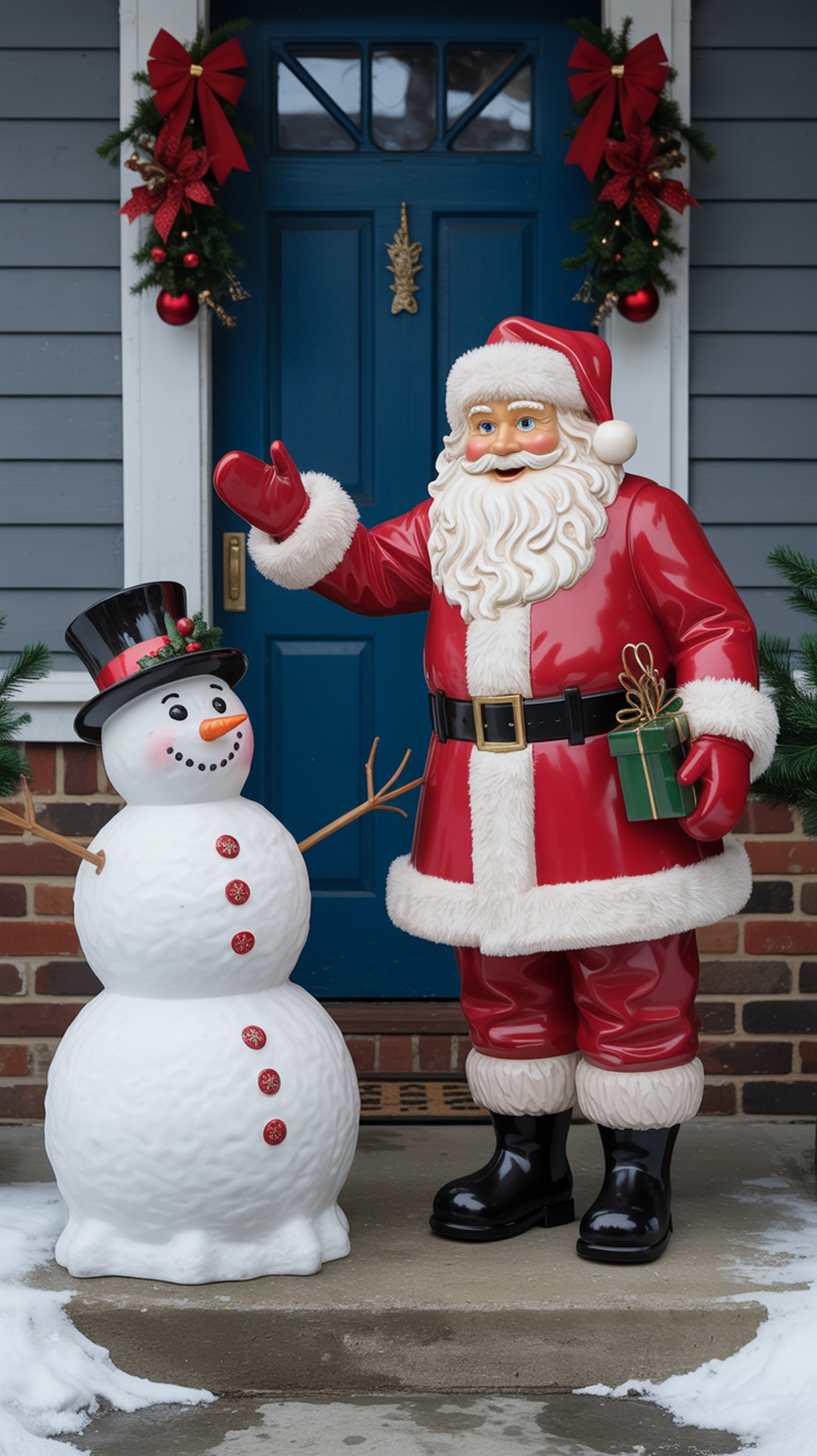 A cheerful Santa figurine waving next to a friendly snowman on a front porch decorated for Christmas.