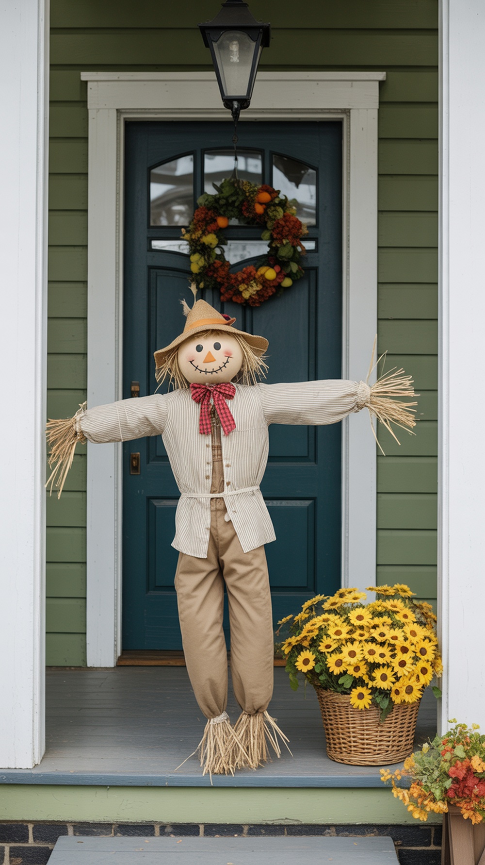 A cheerful scarecrow on a porch with yellow flowers and a seasonal wreath.