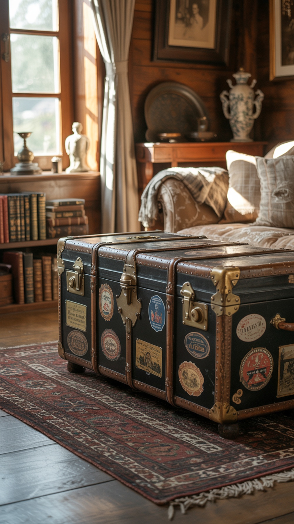 Cozy cabin living room with vintage furniture and decor