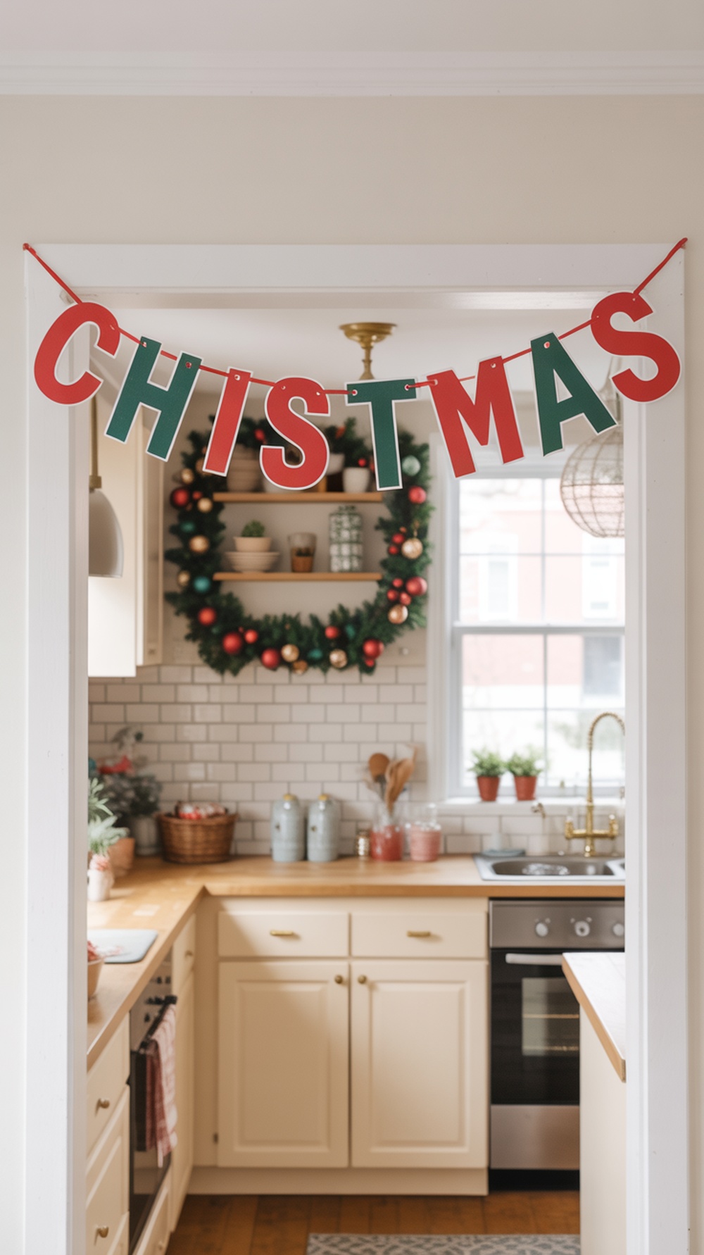 A colorful 'CHRISTMAS' banner hanging in a kitchen, with a wreath in the background.