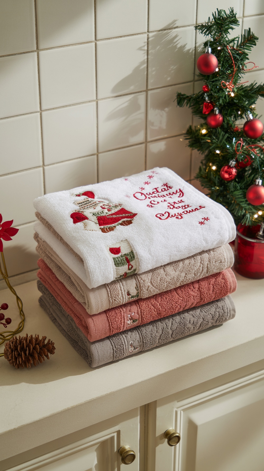 A stack of festive towels in a bathroom, featuring a Santa design on the top towel, with a small Christmas tree in the background.