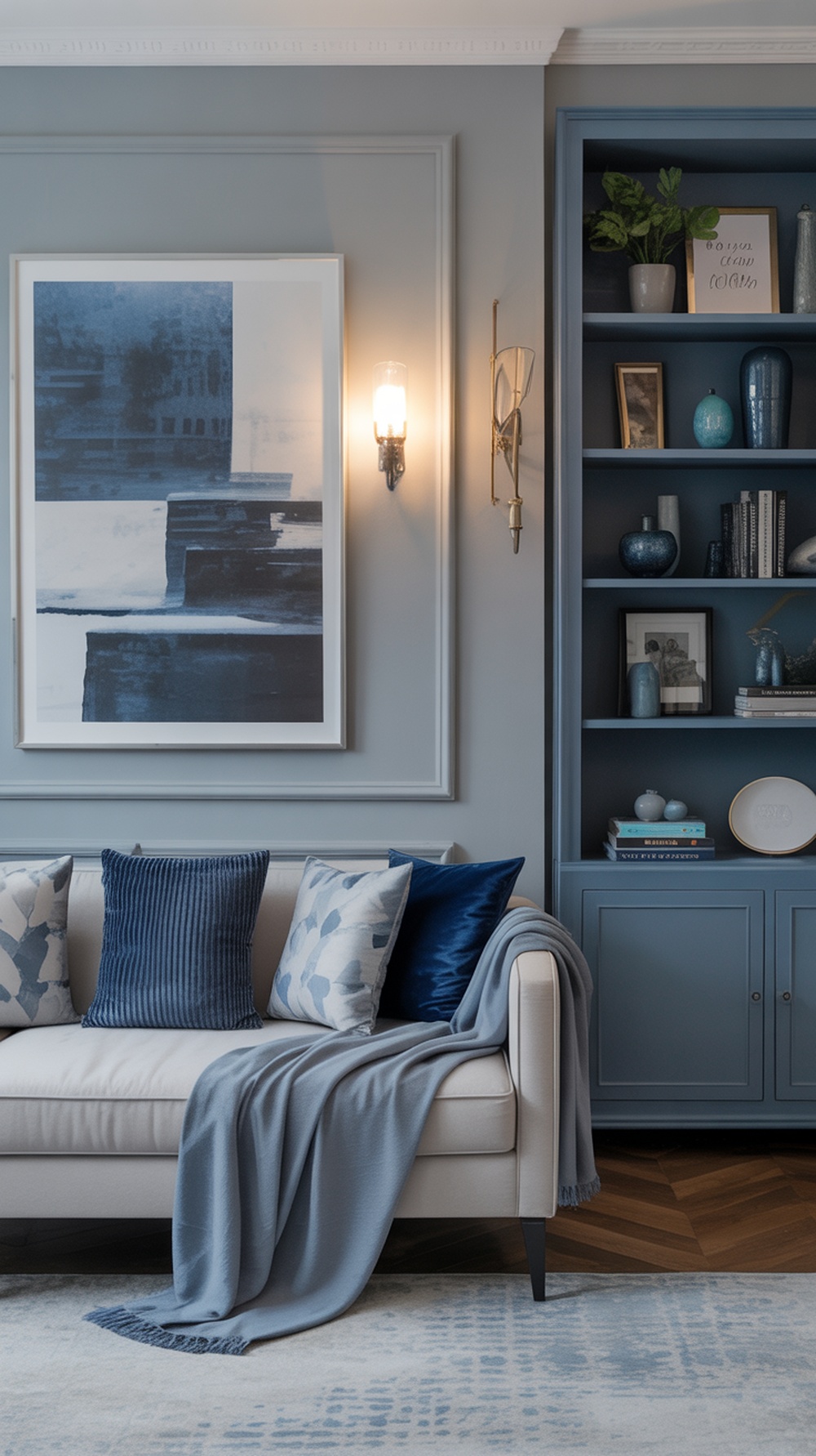 A stylish living room featuring a blue and gray color scheme with a cozy sofa, decorative pillows, and a blue bookshelf.
