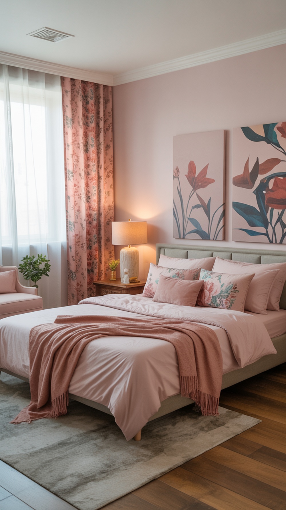 A feminine bedroom with floral accents, featuring pink tones, floral curtains, and cozy bedding.