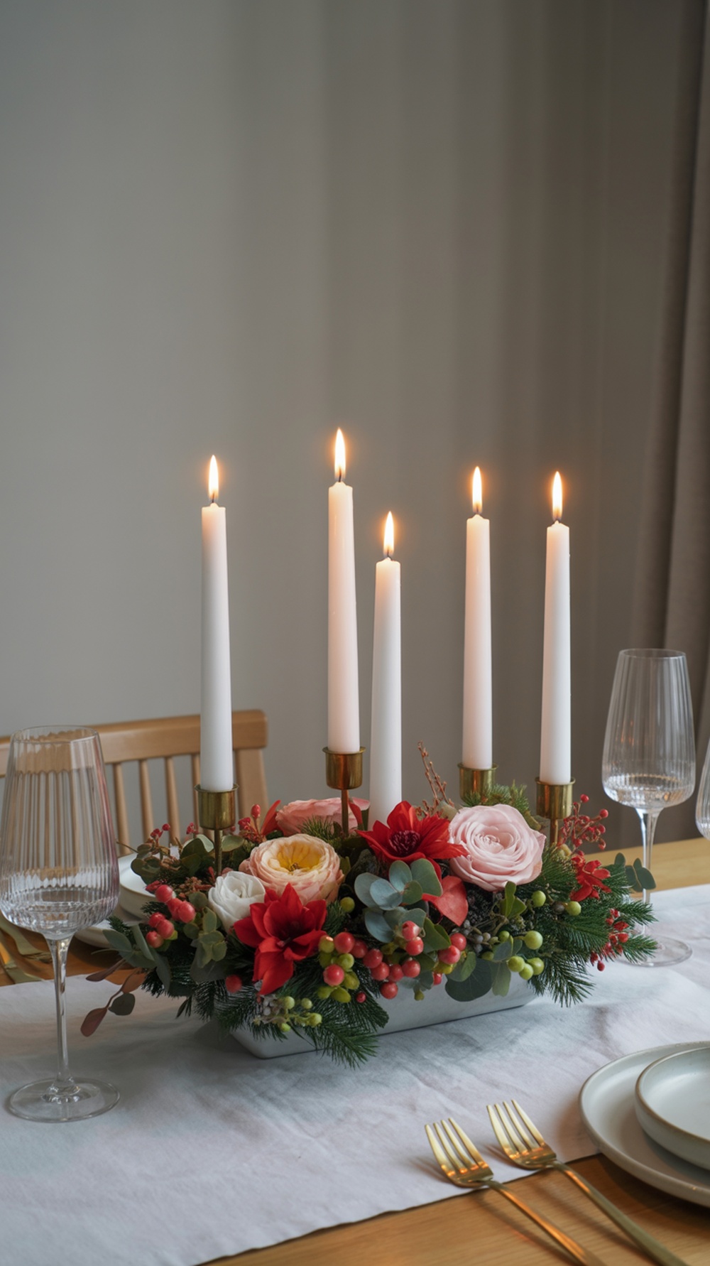 A chic holiday centerpiece with white candles and vibrant flowers on a dining table.
