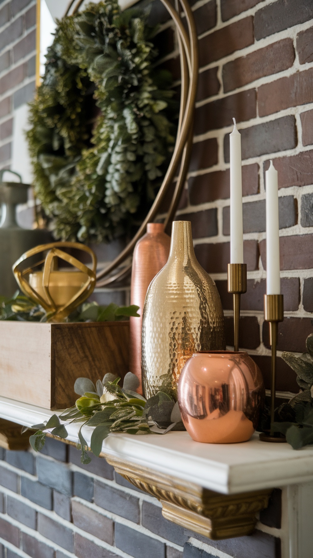 A beautifully decorated mantel with metallic vases, candles, and a green wreath against a brick wall.