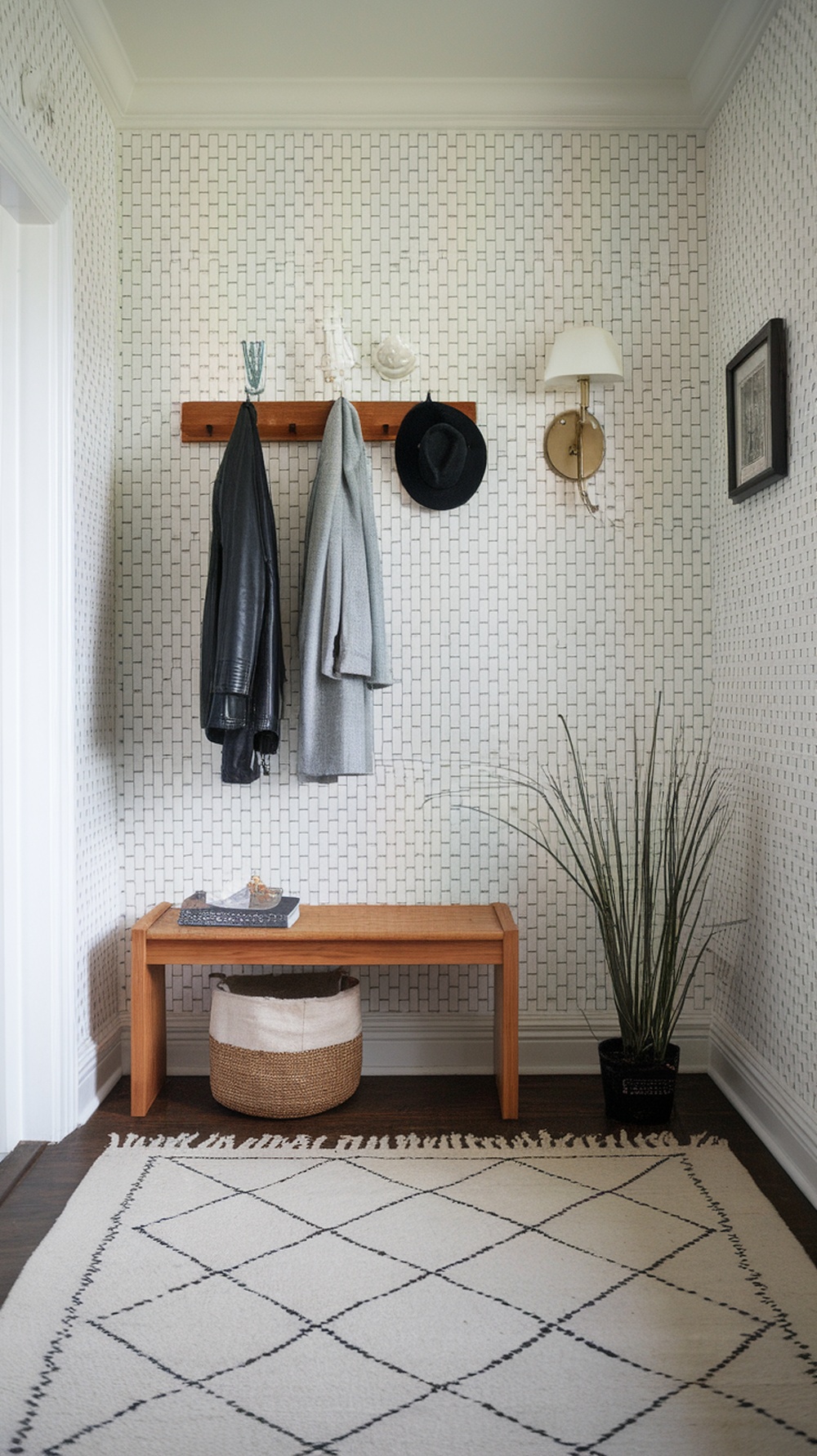 Bright entryway corner with a white patterned wallpaper, a wooden coat rack holding a black leather jacket, a gray coat, and a black hat. A brass wall sconce with a white shade is mounted above, alongside a small framed picture. A plant with tall green leaves is visible at the bottom right, adding a natural touch.