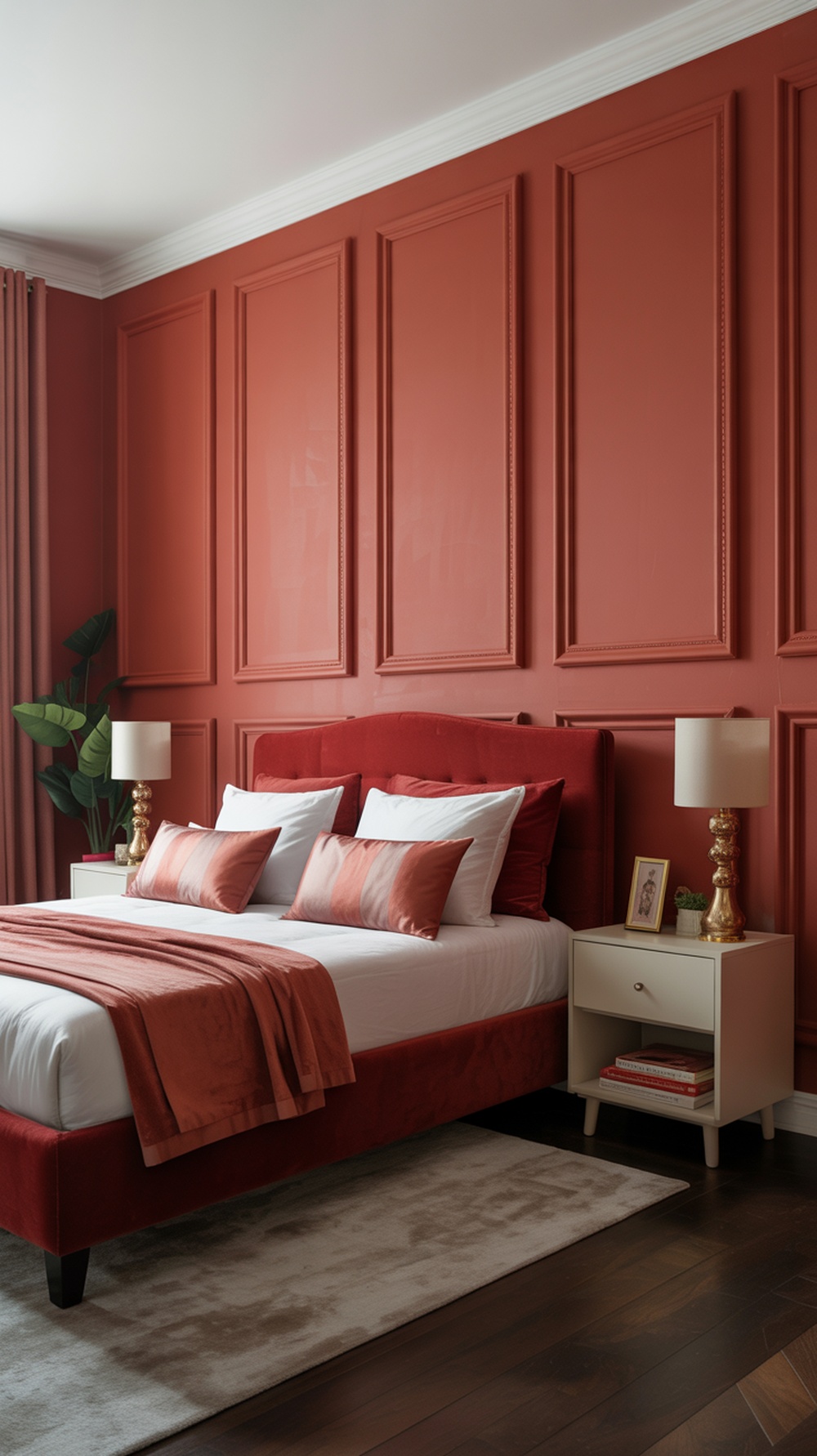 A chic red bedroom featuring elegant wall panels, a plush bed, and stylish decor.