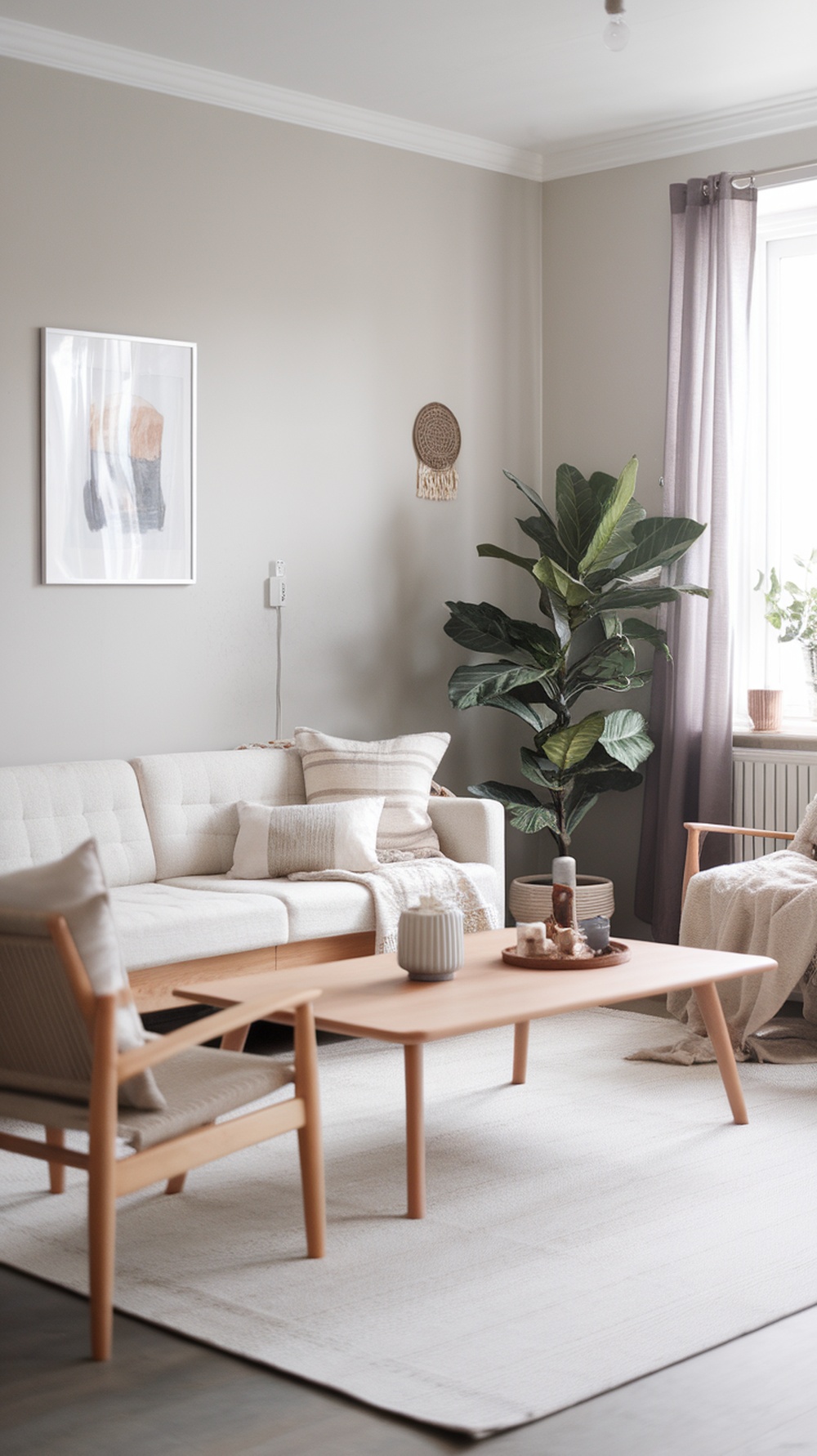 A stylish Scandinavian living room featuring a light sofa, wooden coffee table, and indoor plants.