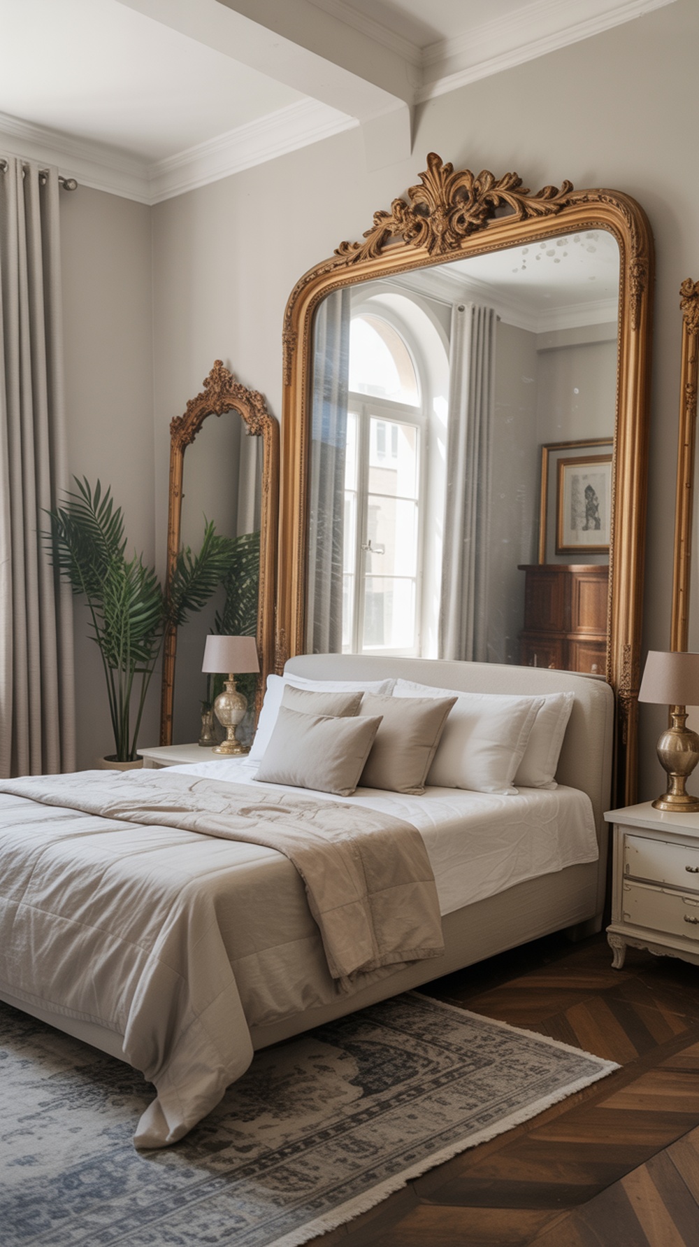 A stylish bedroom featuring a large vintage mirror with an ornate gold frame, neutral bedding, and elegant decor.
