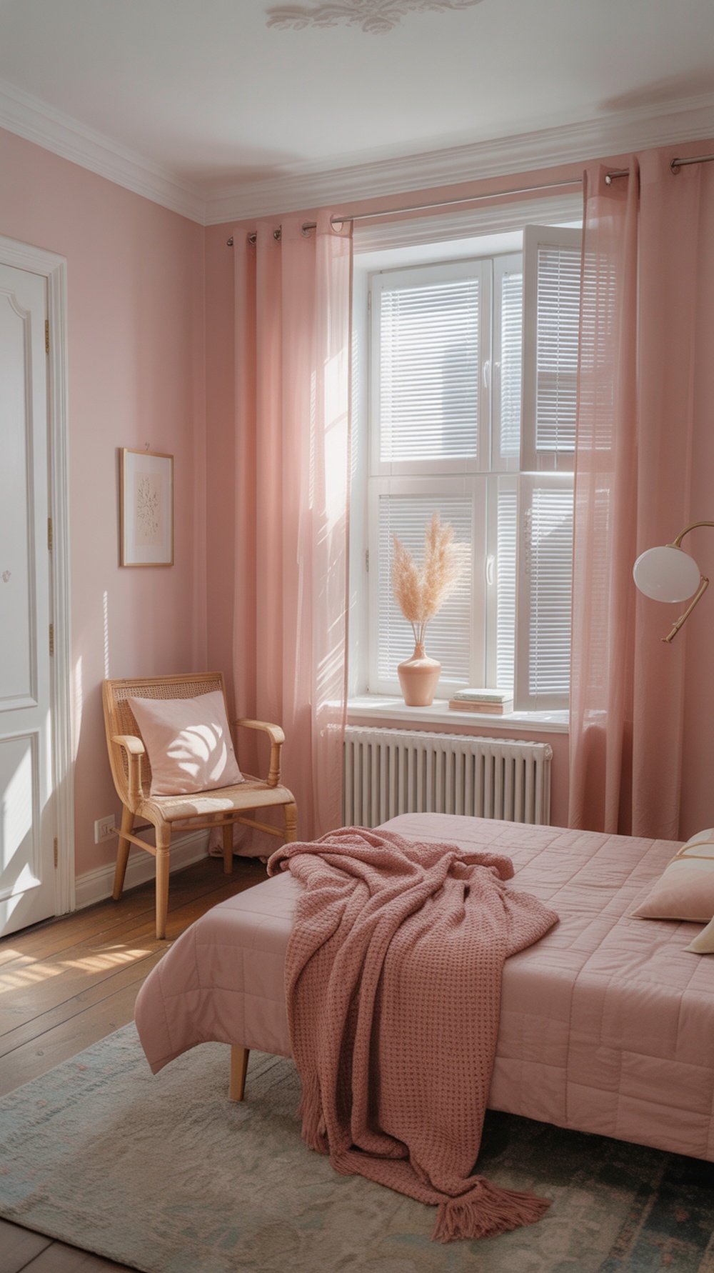 A small bedroom with light pink walls, a cozy bed, and natural light coming through the window.
