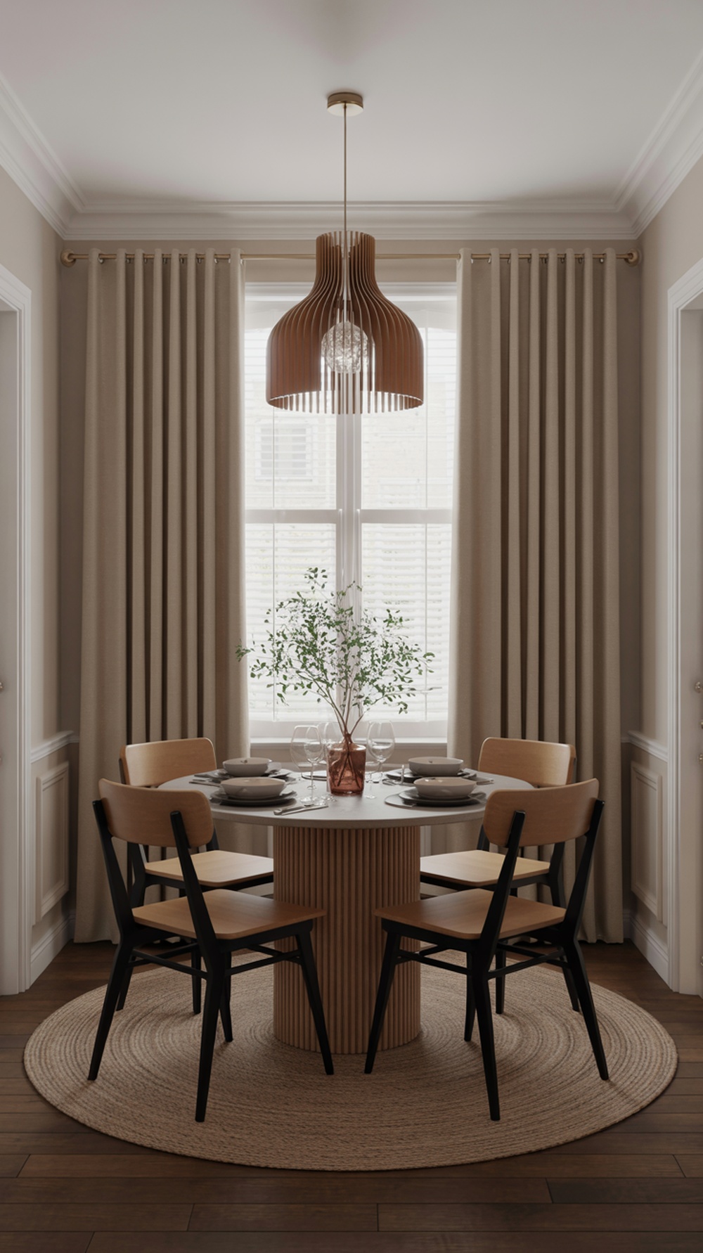 A cozy small dining room featuring a round table with wooden chairs, a stylish pendant light, and a vase with greenery.