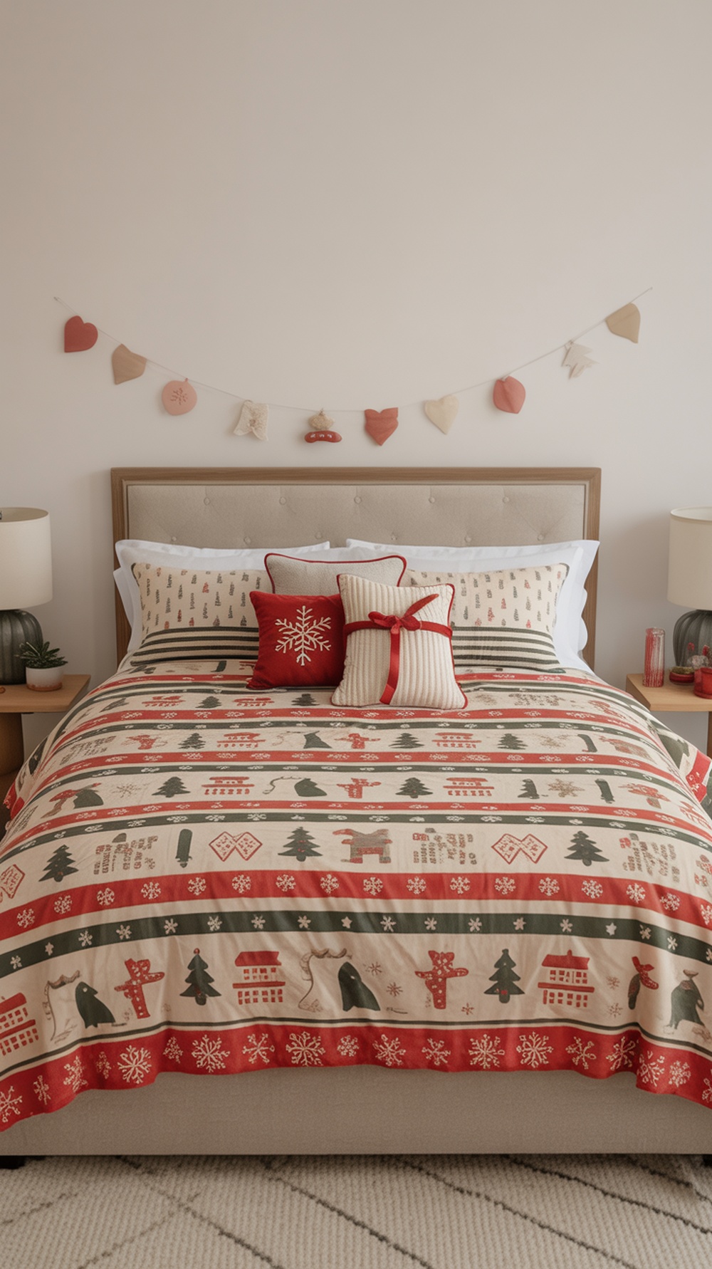 A cozy bedroom with a Christmas-themed bedspread featuring festive patterns and colors.