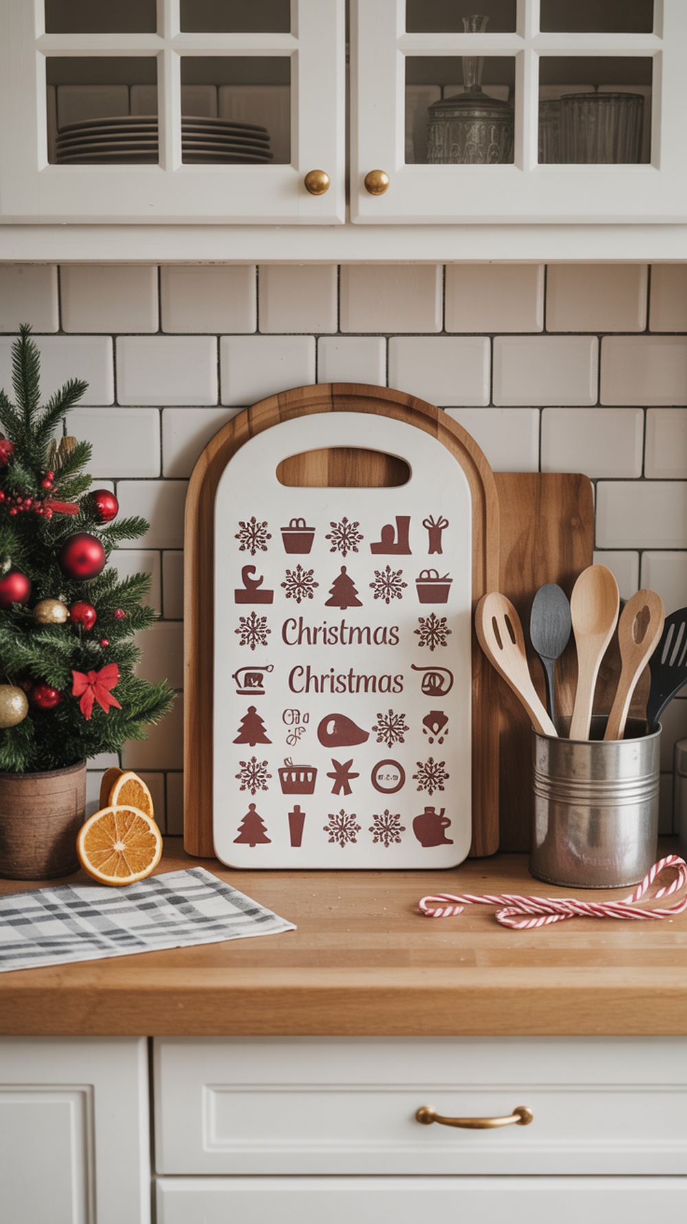 A Christmas-themed cutting board with festive designs, placed in a cozy kitchen setting.