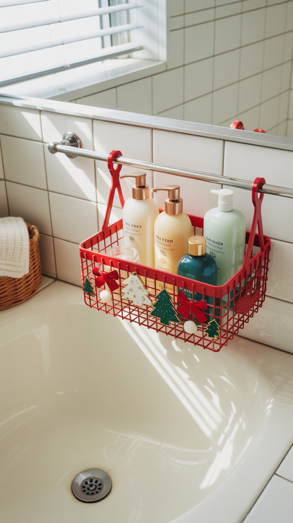 A red shower caddy decorated for Christmas, holding various bottles of shampoo and body wash.