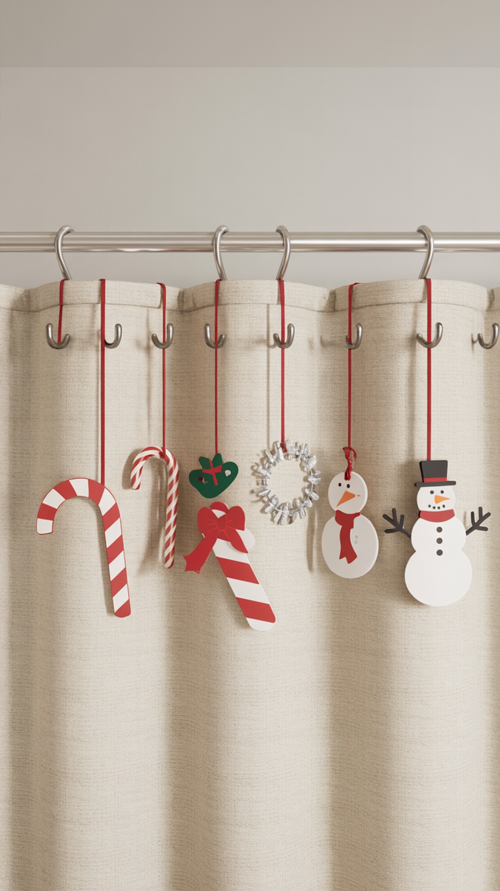 Christmas-themed shower curtain hooks featuring candy canes, a snowman, and a wreath.