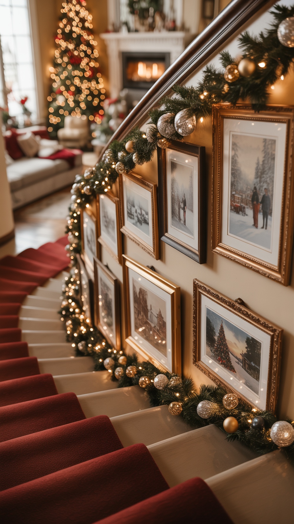 A decorated staircase with Christmas-themed wall art, garland, and festive decorations.