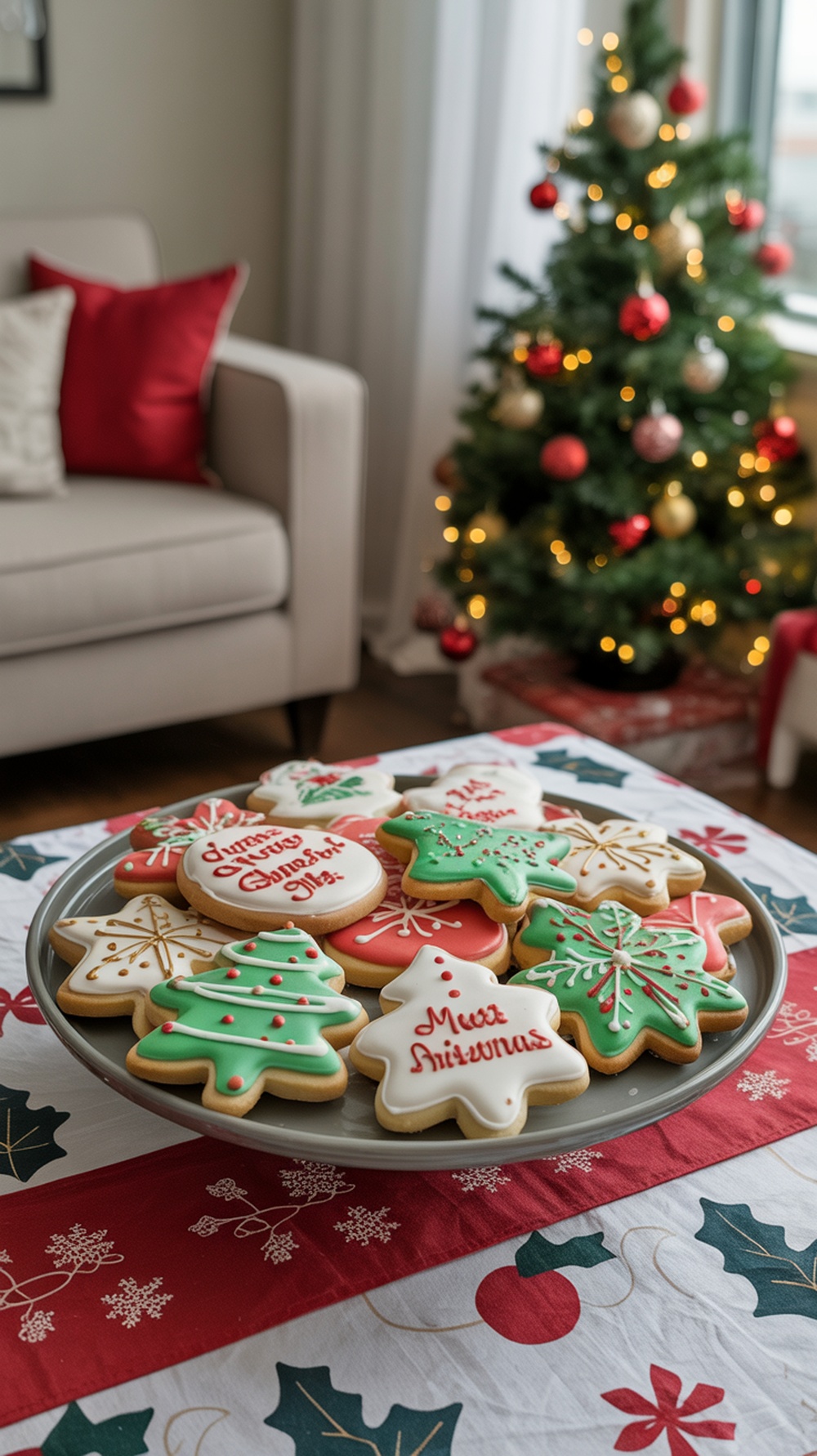 A festive display of decorated Christmas cookies on a tray, with a cozy couch and Christmas tree in the background.