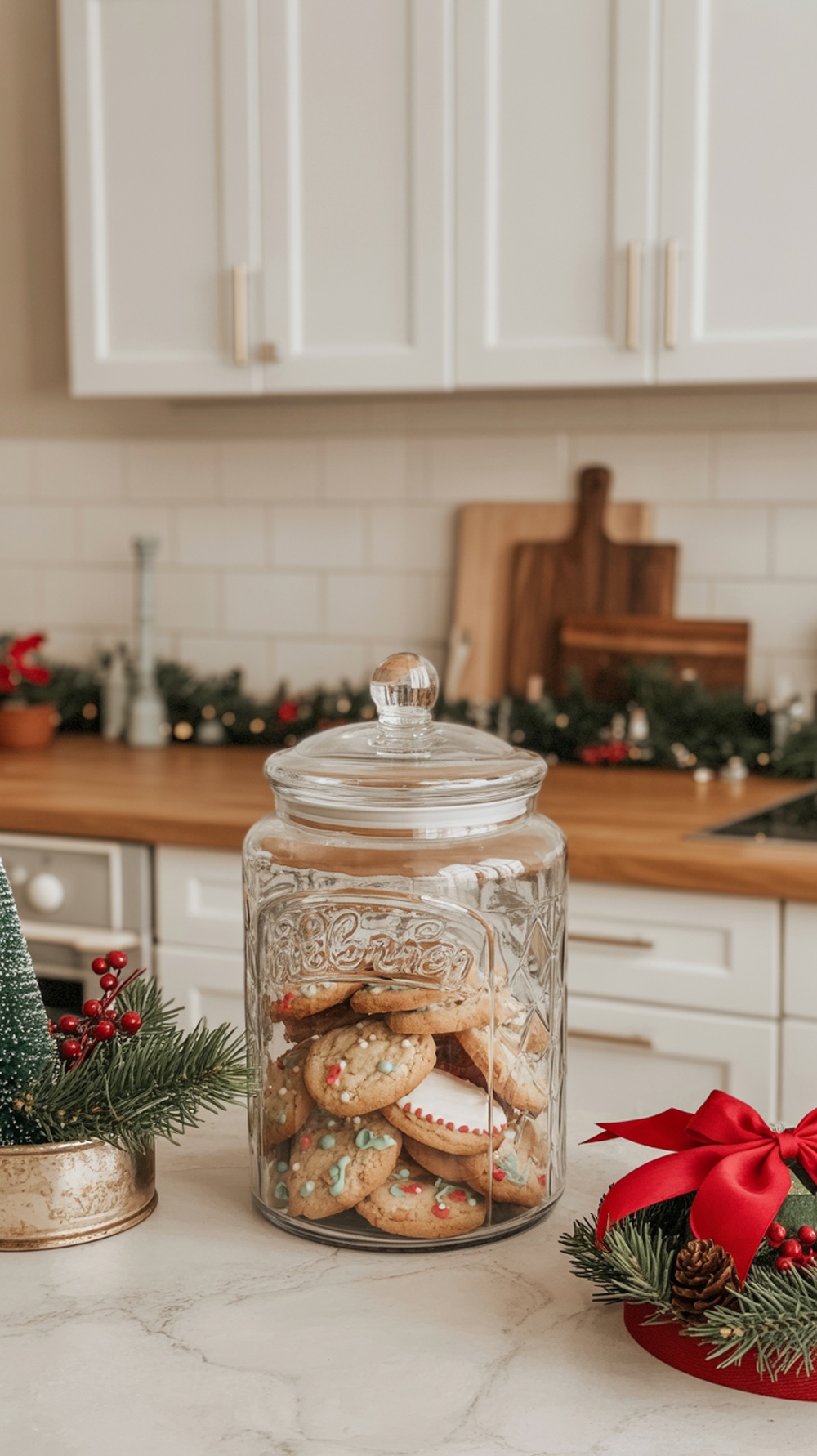 A glass cookie jar filled with decorated cookies, surrounded by festive decorations in a kitchen.