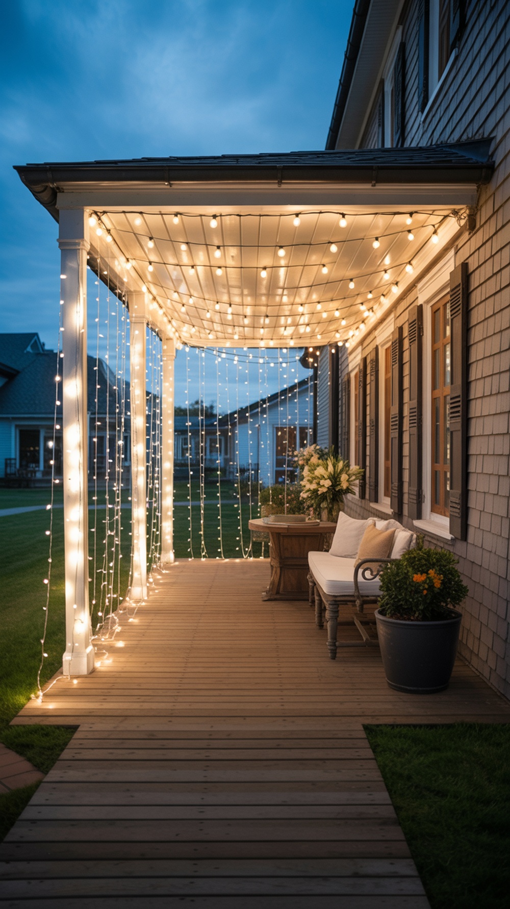 A porch decorated with warm white Christmas light curtains, creating a cozy atmosphere.