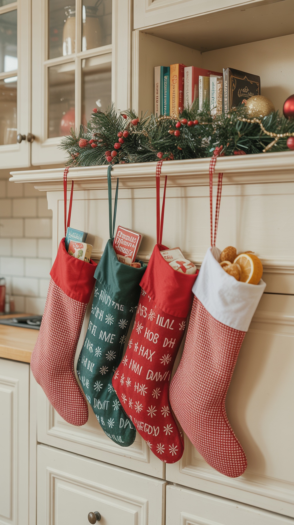 Colorful Christmas stockings hanging in a kitchen, filled with treats and decorations.
