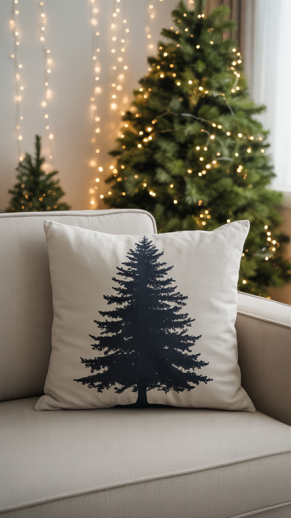 A Christmas throw pillow featuring a dark silhouette of a tree, placed on a light-colored couch with Christmas trees and lights in the background.
