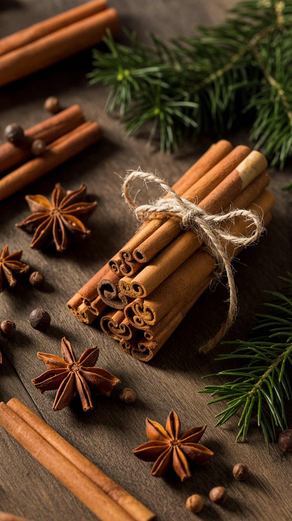 A bundle of cinnamon sticks tied with twine, surrounded by star anise and evergreen sprigs on a wooden surface.