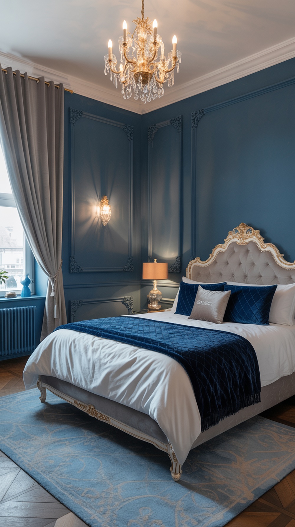 A classic blue and gold bedroom featuring elegant decor, a chandelier, and plush bedding.