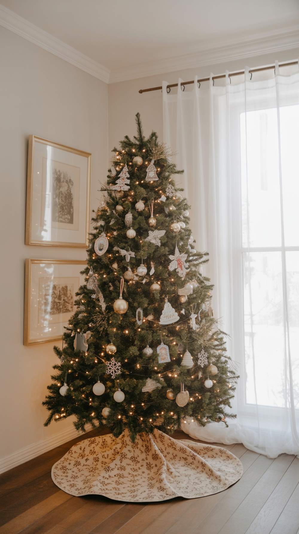 A beautifully decorated Christmas tree with a patterned skirt underneath.