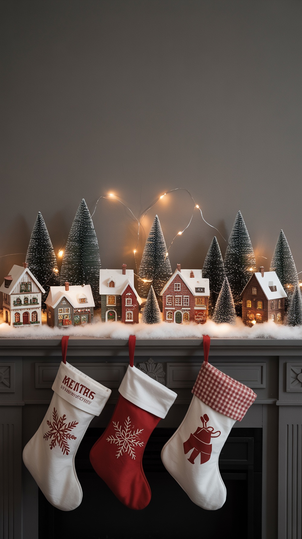 A classic Christmas village scene on a fireplace mantel, featuring miniature houses, snowy trees, and festive stockings.