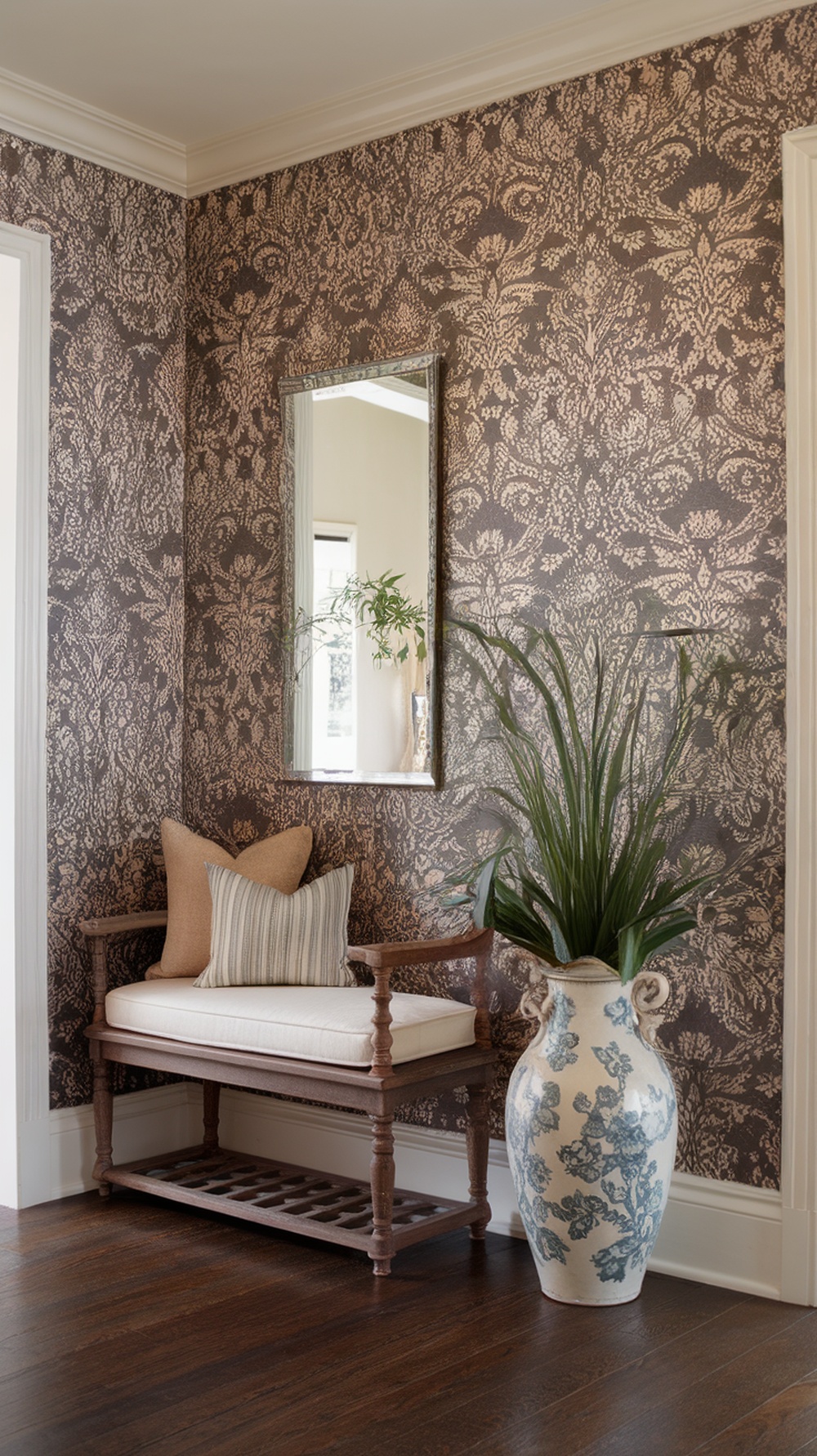 Elegant entryway with classic damask wallpaper, a mirror, a table, and a vase of flowers.