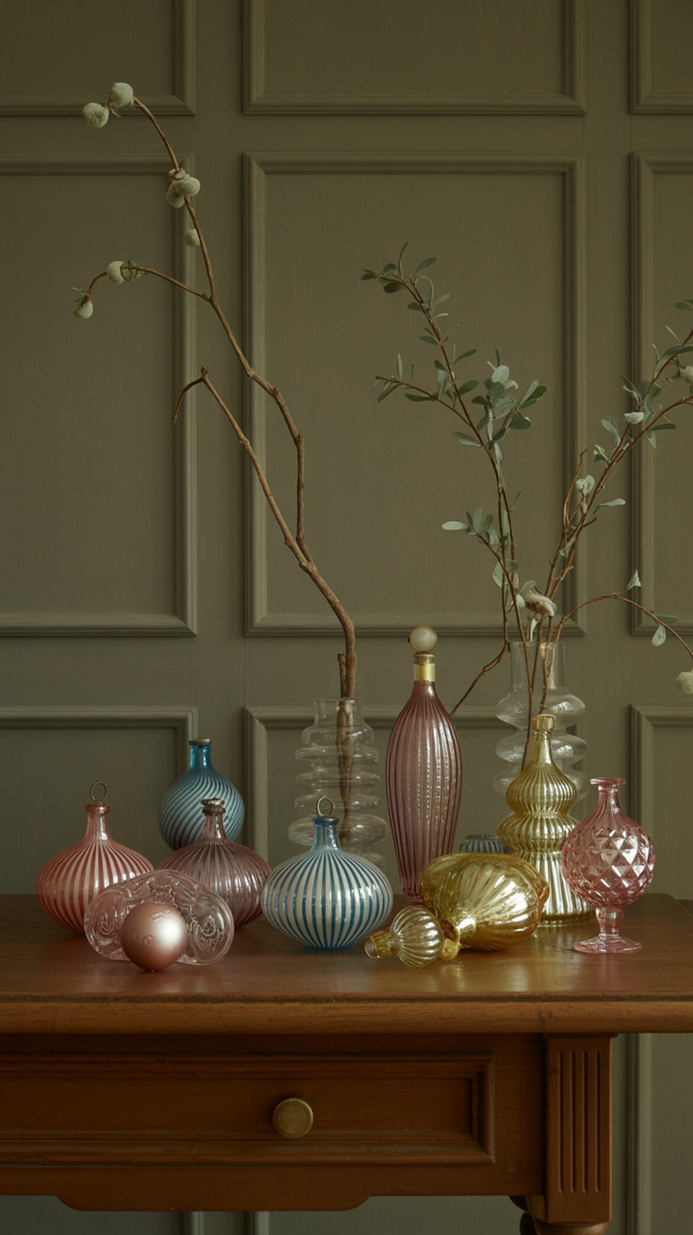 A collection of vintage glass ornaments in various colors and shapes displayed on a wooden table.