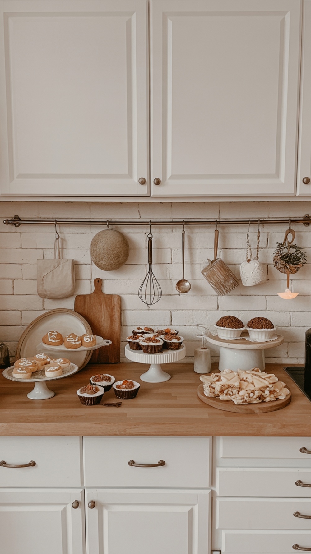 A cozy kitchen with vintage decor featuring a variety of baked goods on display.