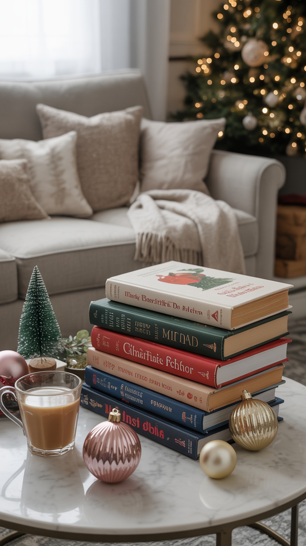 A cozy coffee table with a stack of holiday-themed books, a cup of coffee, and festive ornaments.