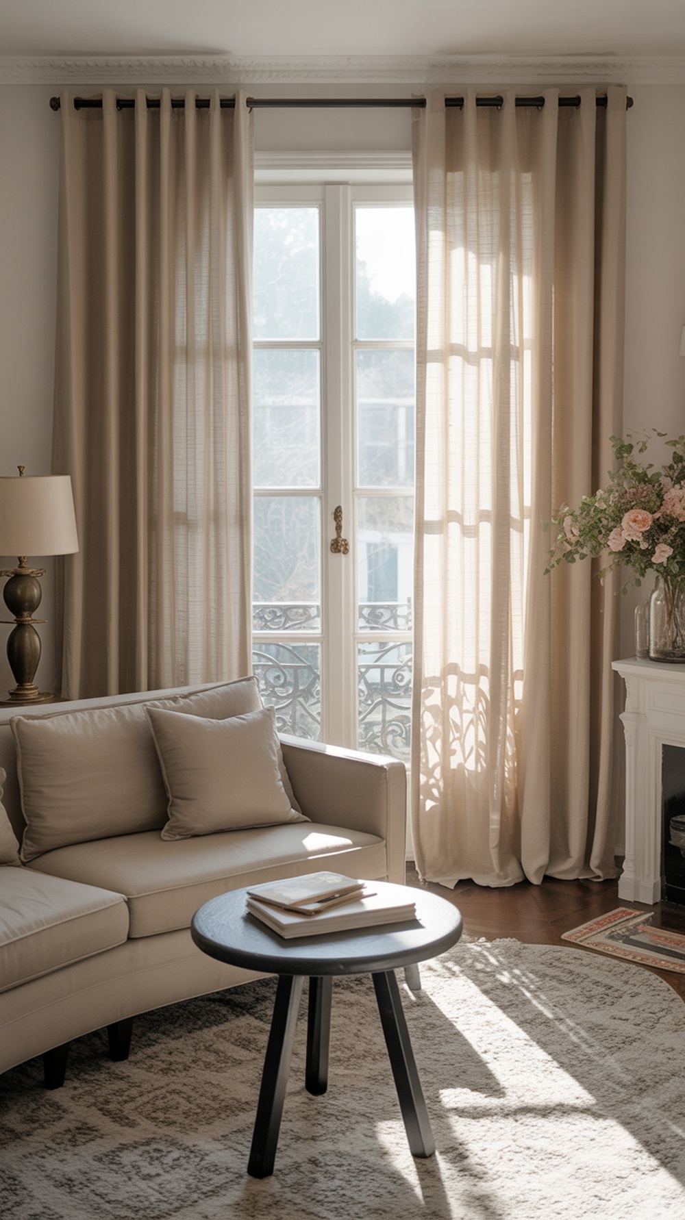 A cozy living room with classic linen curtains framing a window, a beige sofa, and a small round table with books.