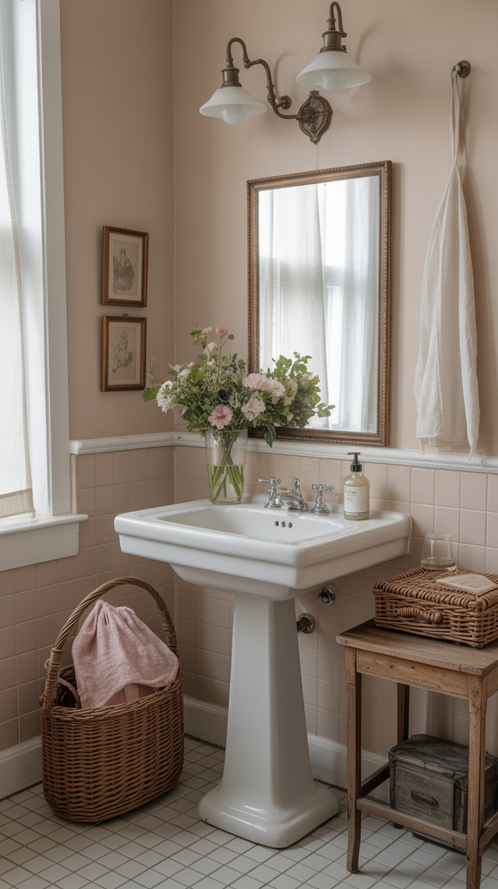 A vintage bathroom featuring a classic white pedestal sink, soft pink walls, a mirror, fresh flowers, and wicker decor.