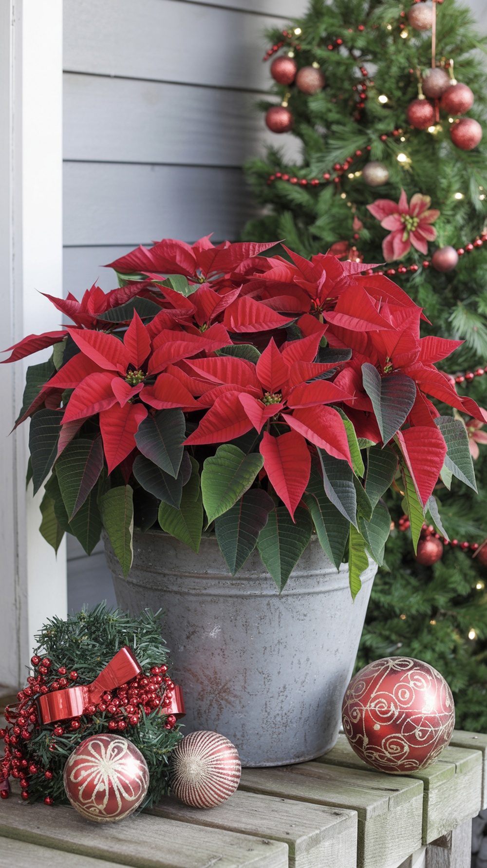 A classic poinsettia planter with red flowers and decorative ornaments.