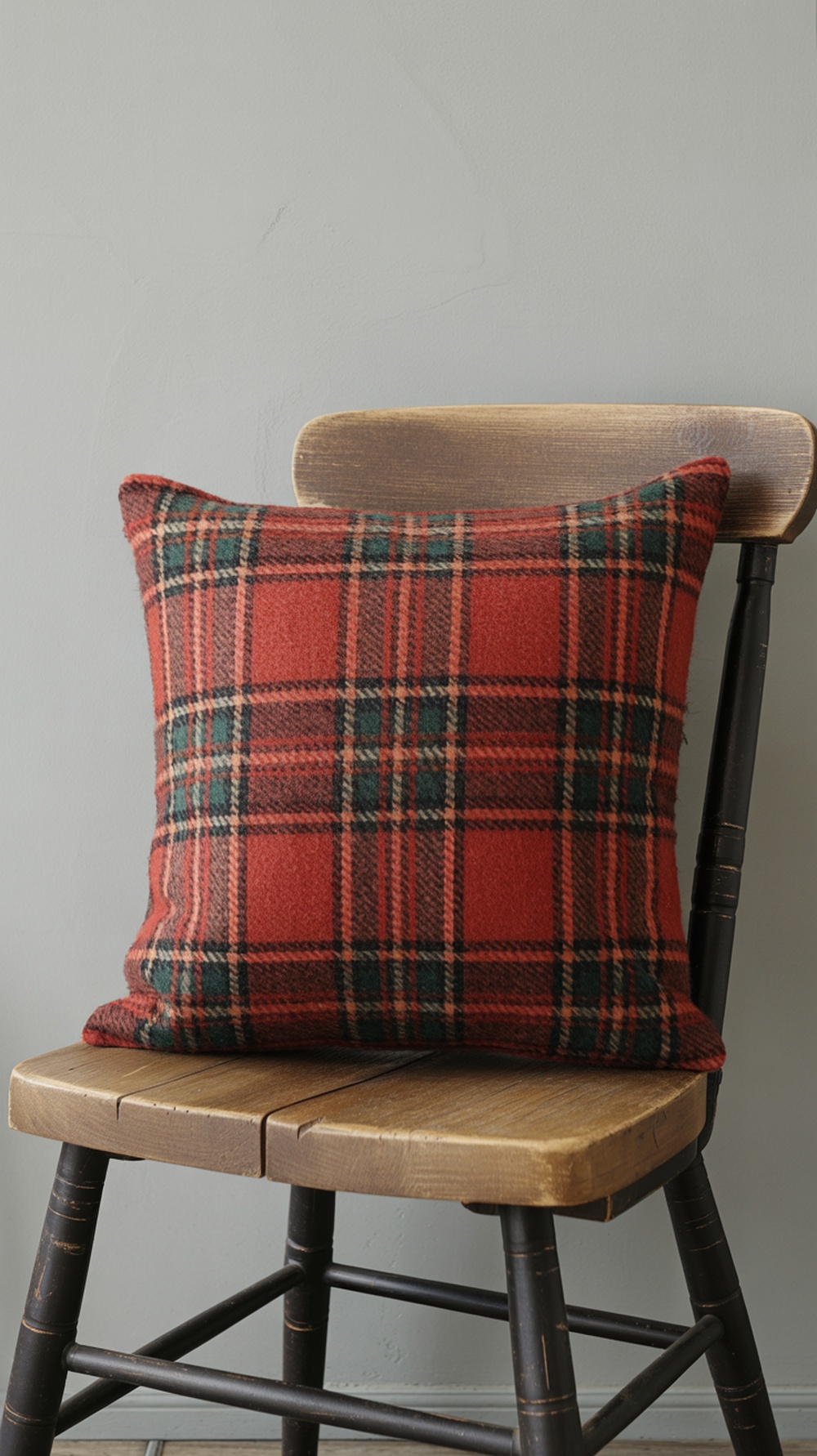 A classic red and green plaid throw pillow on a wooden chair.