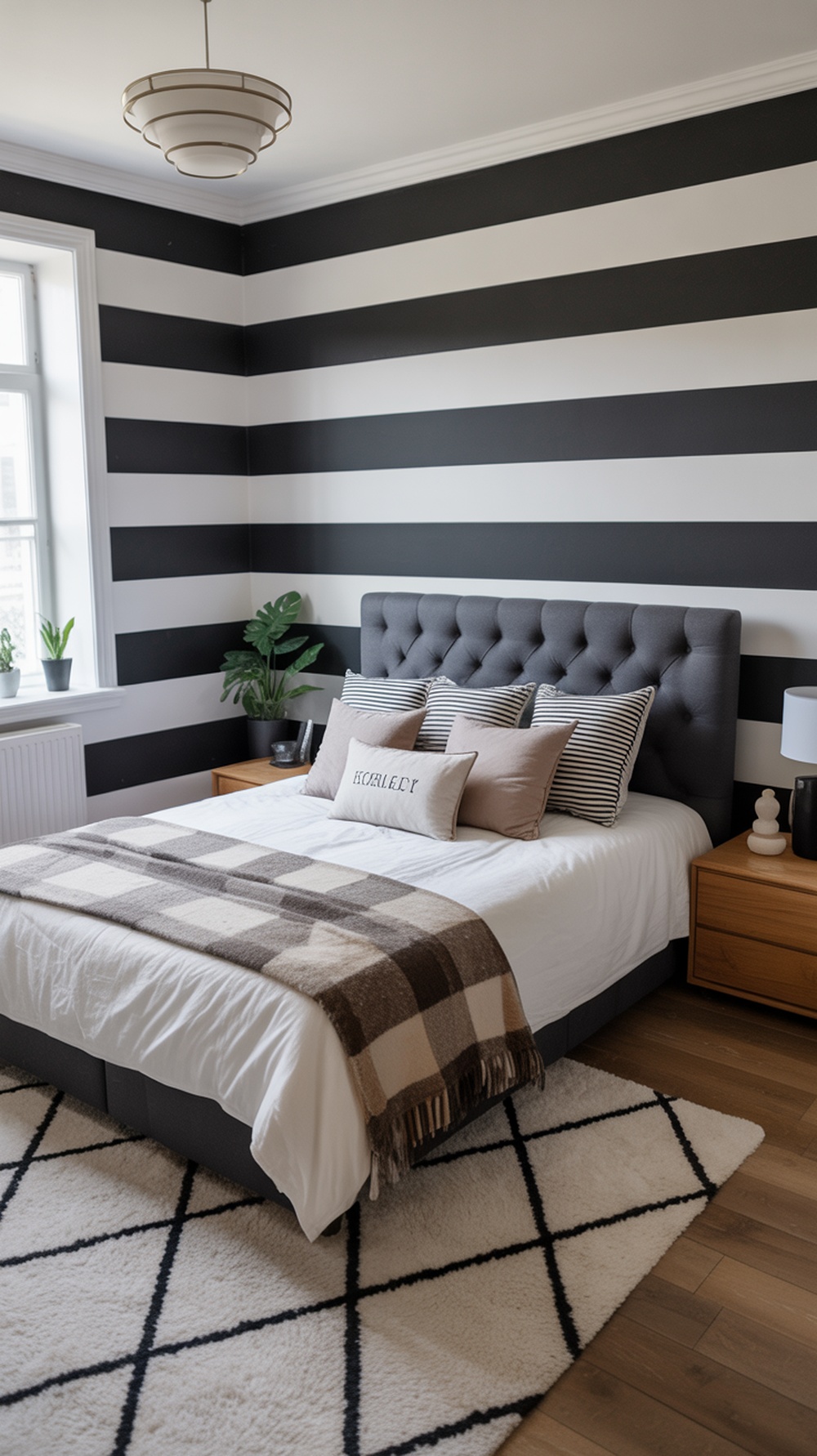 A black and white striped bedroom with a gray bed, decorative pillows, and a patterned rug.