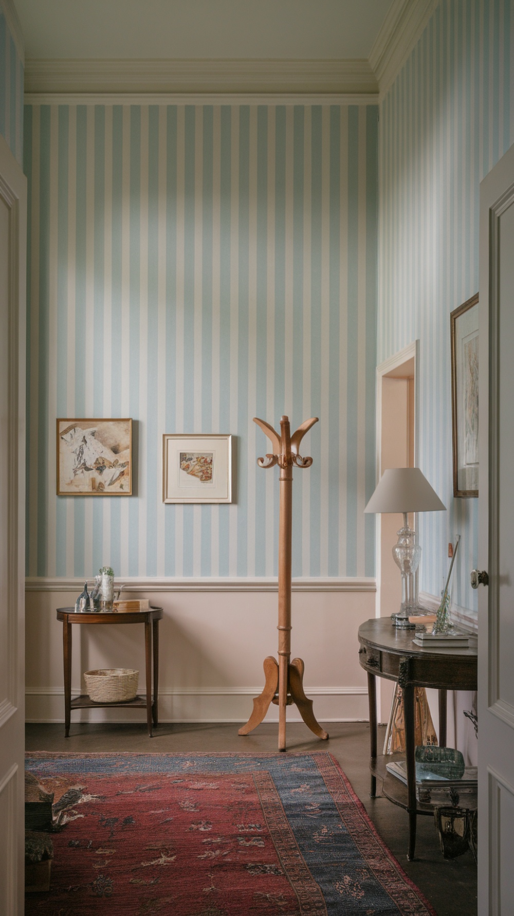 An elegant entryway featuring blue and cream striped wallpaper, a wooden coat rack, and tasteful decor.