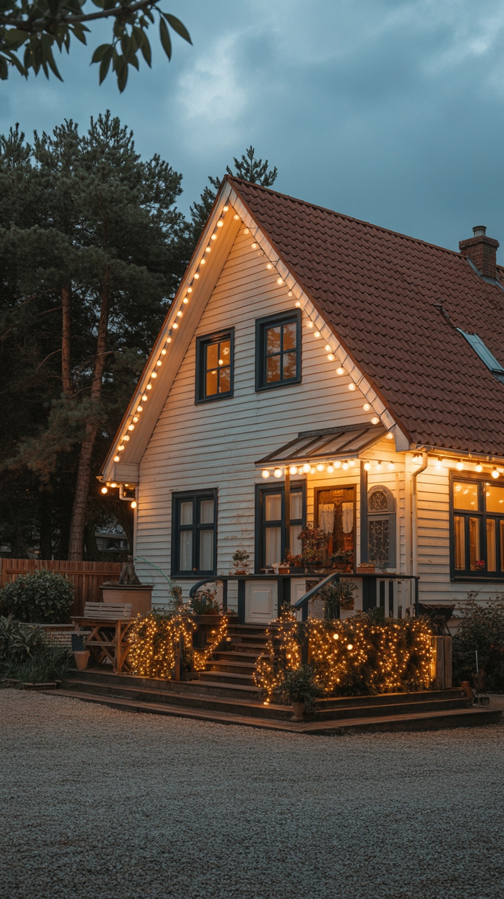 A house decorated with classic white string lights, showcasing a warm and inviting holiday atmosphere.