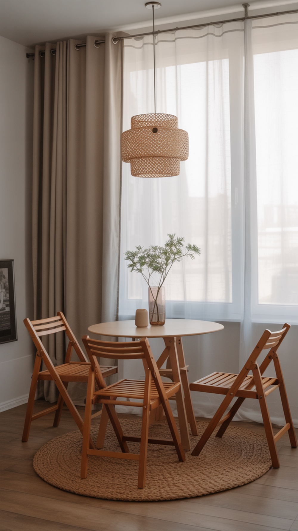 A small dining room with a round table, folding chairs, and a plant centerpiece.