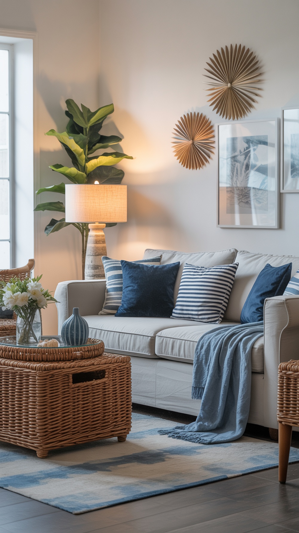 Coastal-inspired living room with blue accents, featuring a neutral sofa, blue pillows, a woven coffee table, and a plant.