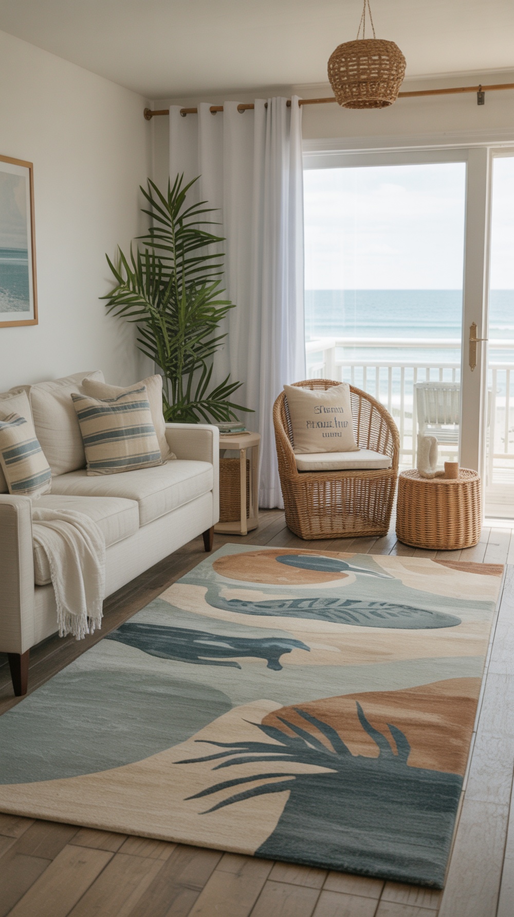 A coastal-inspired living room with a colorful rug, light furniture, and ocean view.