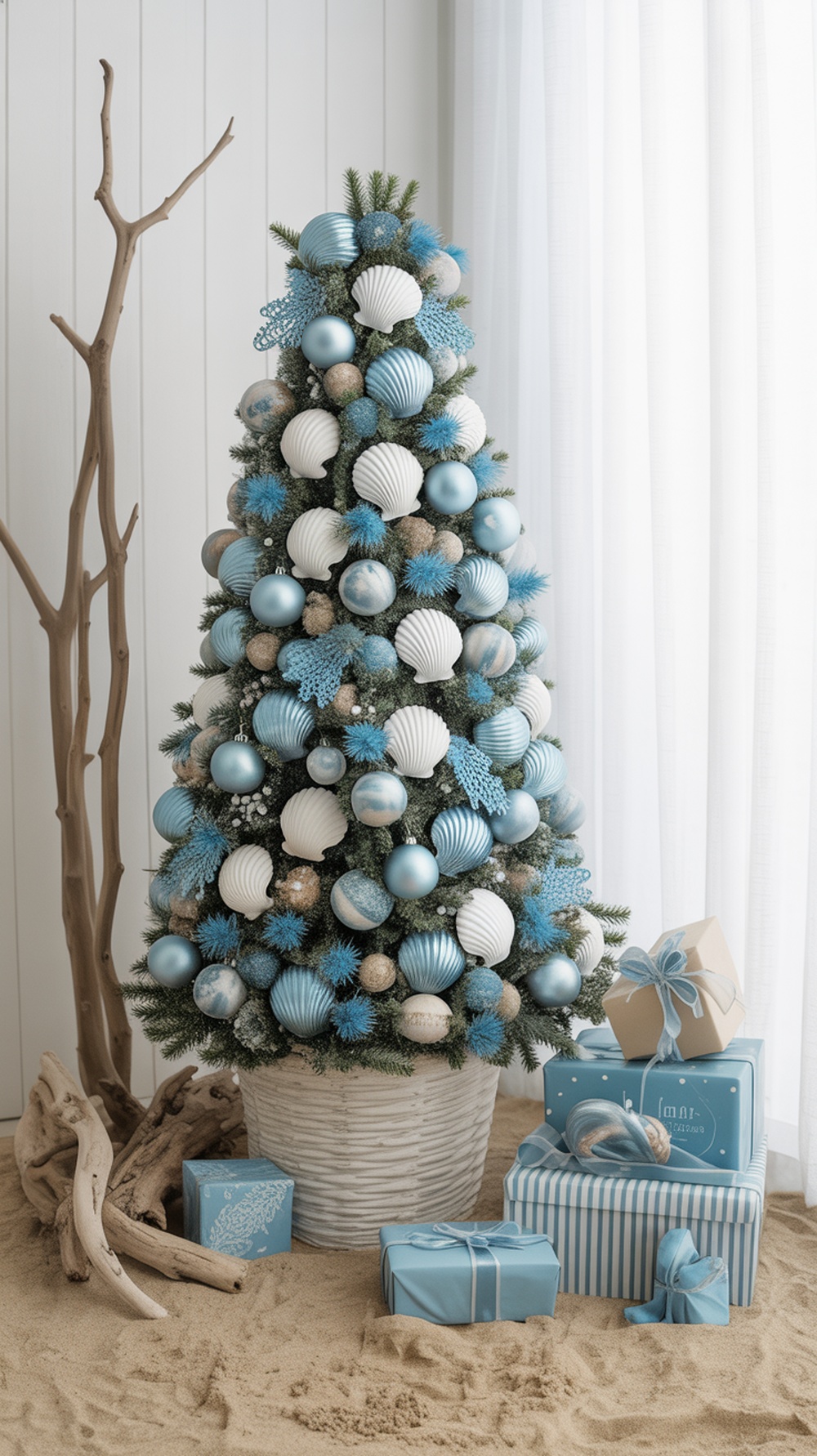 A coastal-themed Christmas tree decorated with blue and white ornaments, seashells, and surrounded by blue and gold wrapped gifts.