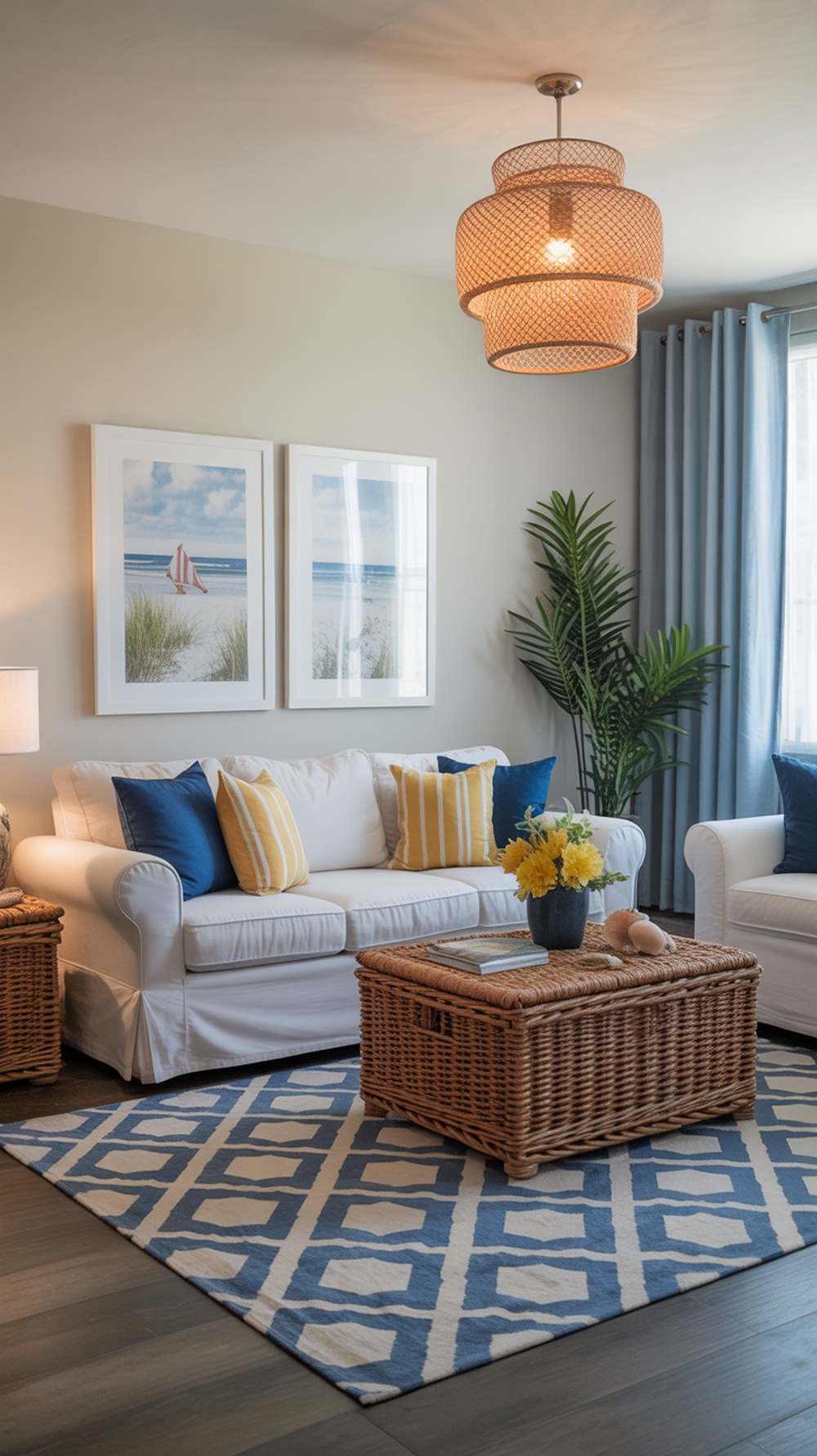 A bright living room with blue and yellow accents, featuring a white sofa, a woven coffee table, and beach-themed artwork.
