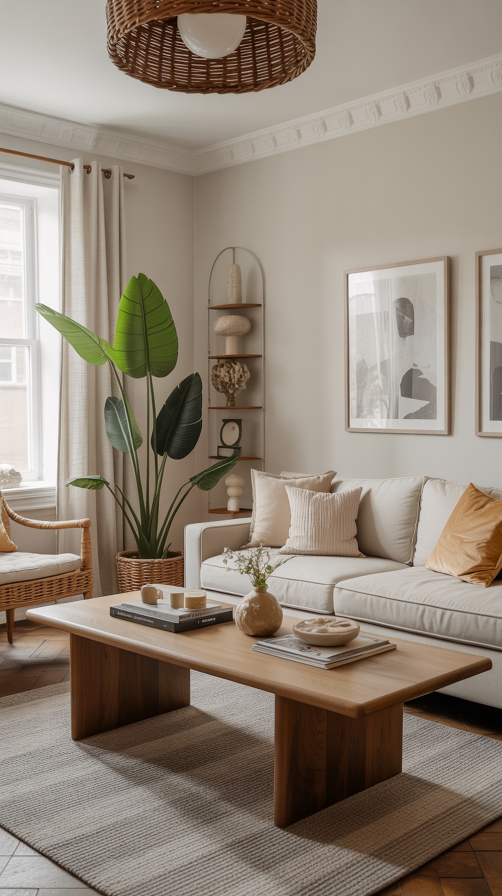 A modern minimalist living room featuring a light sofa, wooden coffee table, large plant, and simple art on the walls.