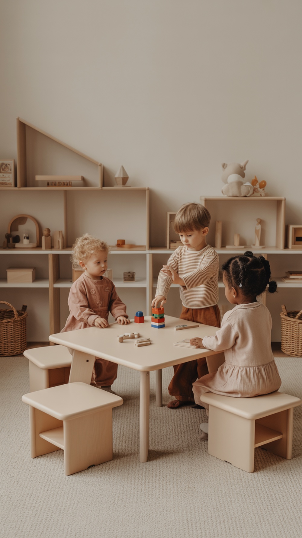 Children playing together at a collaborative play table in a cozy playroom.