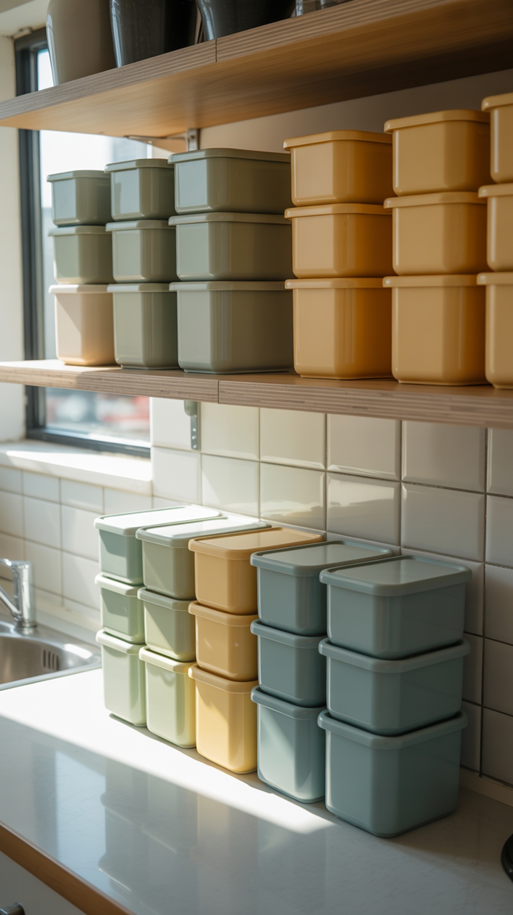 Color-coded storage containers in a small kitchen