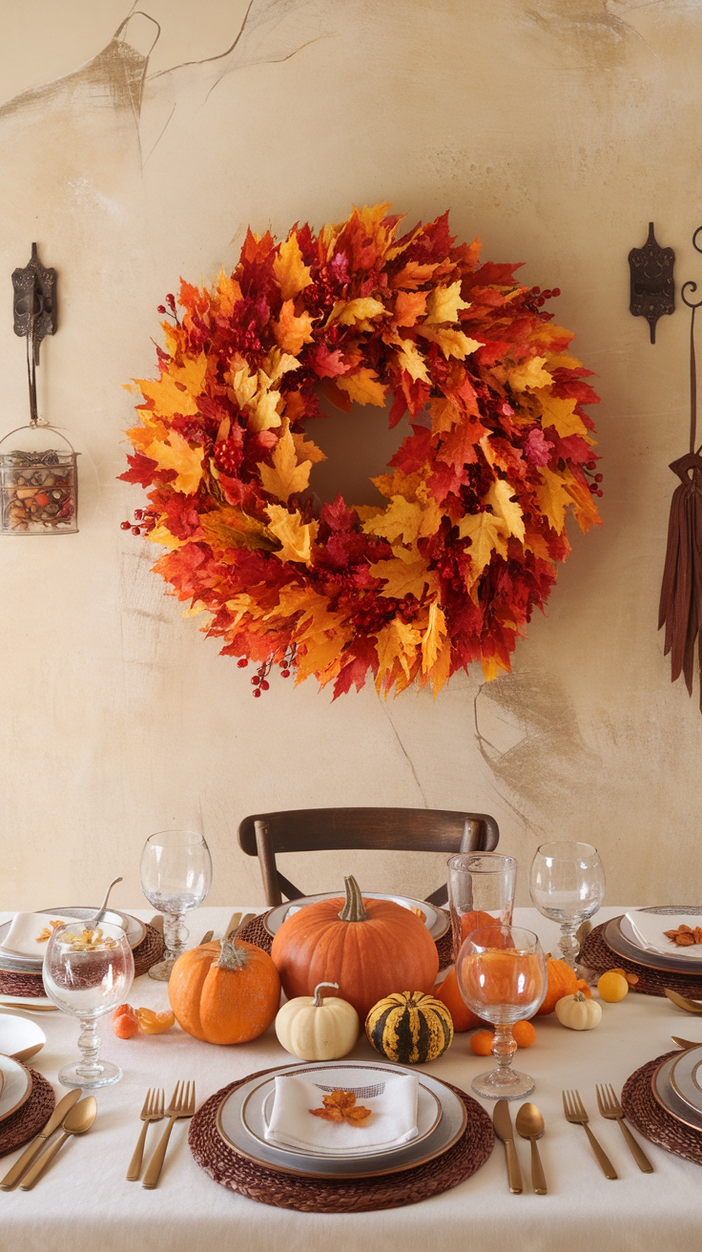 A colorful autumn wreath made of red, orange, and yellow leaves, hanging on a wall above a Thanksgiving table.
